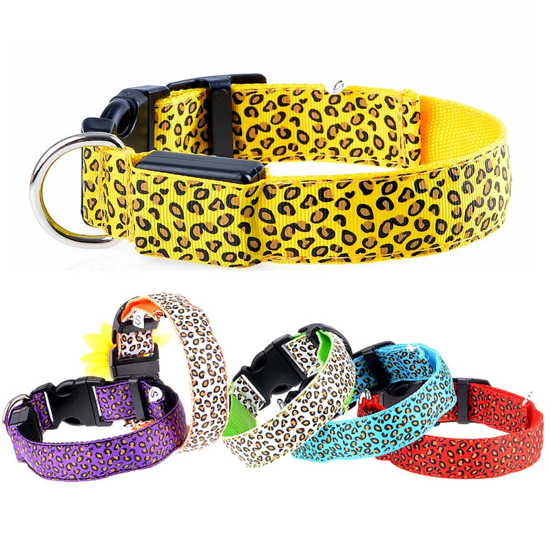 Leopard LED Dog Collar: Bright Night Safety & Visibility - Adjustable Nylon Glow Pet Collar  petlums.com   