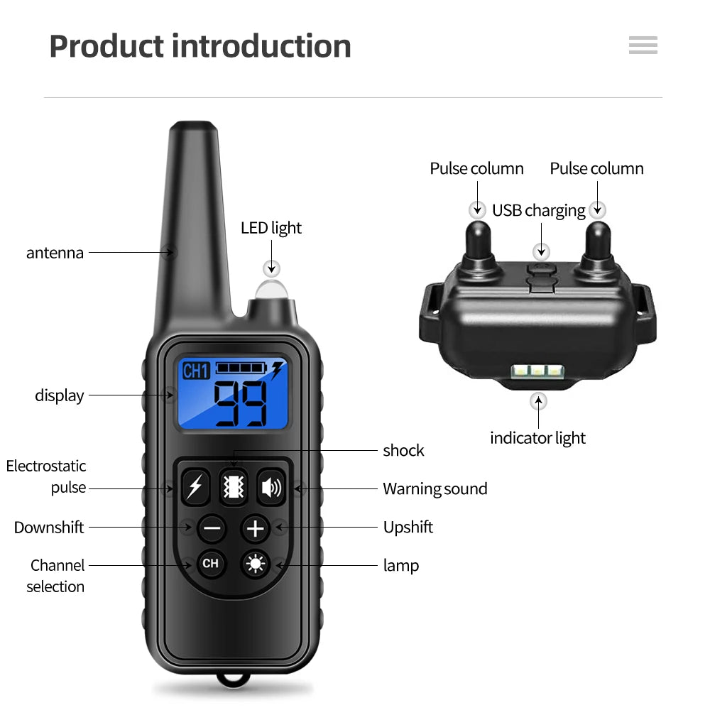 Rechargeable Electronic Dog Training Collar 800m Waterproof Stop Barking LCD Display Remote Control For Shock Vibration Sound  petlums.com   