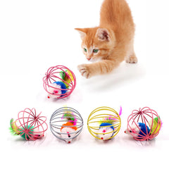 Colorful Feather Wand Cat Toy with Bell & Mouse Cage Teaser - Interactive & Fun