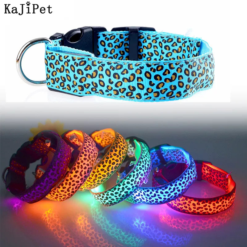 Leopard LED Dog Collar: Bright Night Safety & Visibility - Adjustable Nylon Glow Pet Collar  petlums.com   