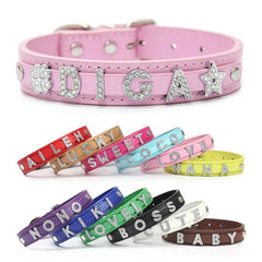 Leather Personalized Pet Collar with Rhinestone Letters for Dogs