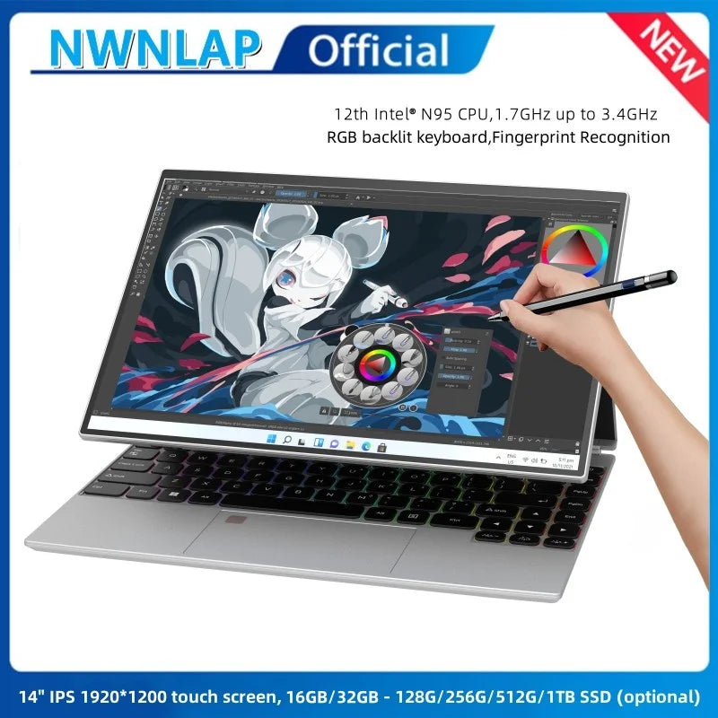 14-inch IPS touch screen computer tablet laptop N95 office business notebook 16G  128G --1TB SSD RGB WINDOWS 11 TOUCH ID  PetLums.com Silver 16G-128G SSD  