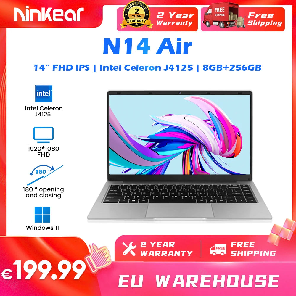2024 Ninkear N14 Air Laptop 14.1inch  FHD IPS Intel Celeron J4125 8G DD4 256GB SSD Office Learning Ultrabook Windows 11 Notebook  PetLums.com 8GB DDR4+256GB SSD Intel Celeron N4500 