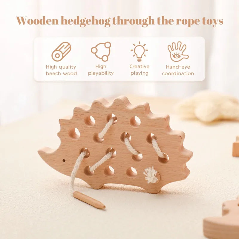 Wooden Hedgehog Threading Board Kids Montessori Toys Beech Wooden Educational Toy Button Beaded Blocks Puzzle Toy Baby Gifts  petlums.com   