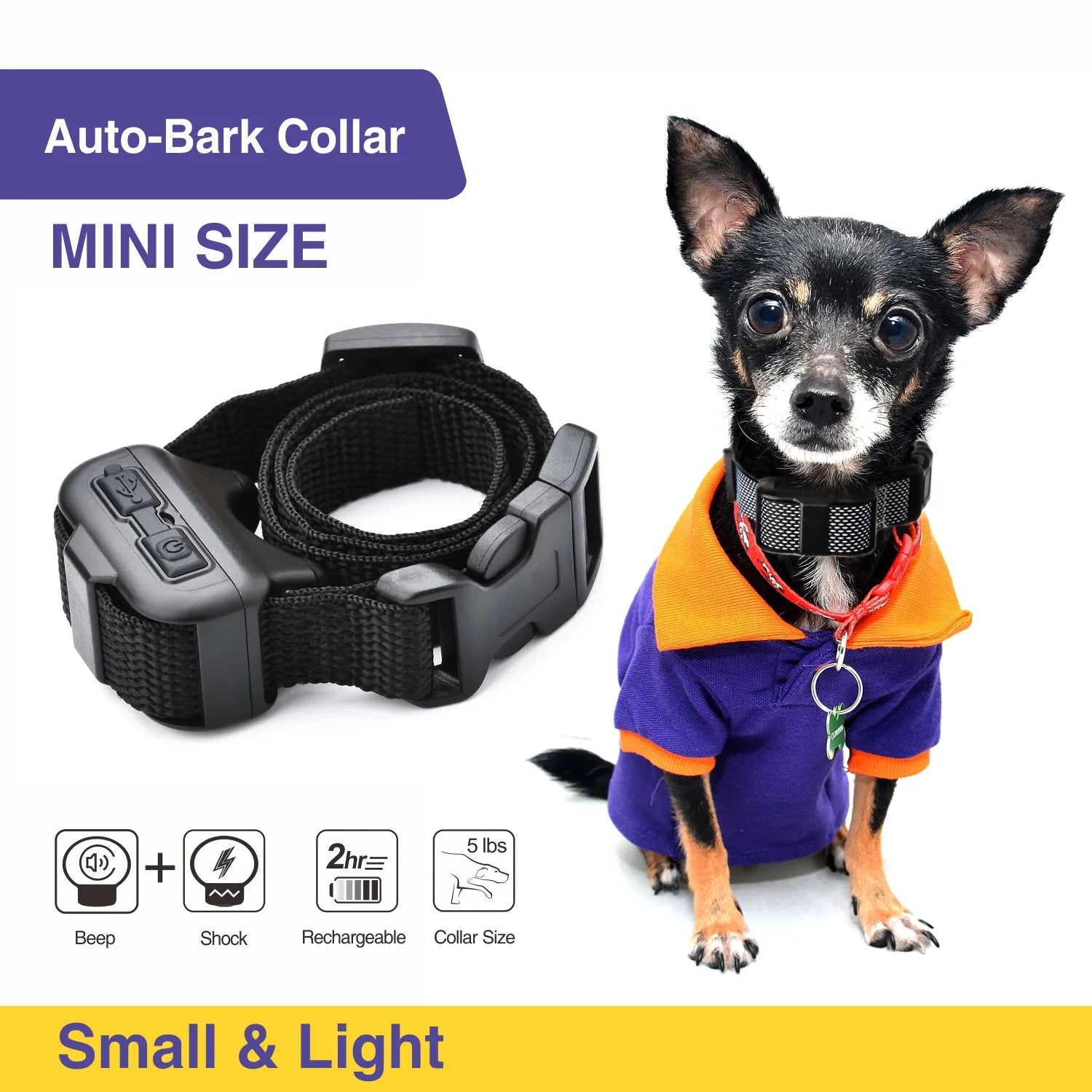 Small Dog Auto Bark Collar Rechargeable Dog Training Electric Collar Anti No Bark Control For Puppy Dog with Shock Mode  petlums.com   