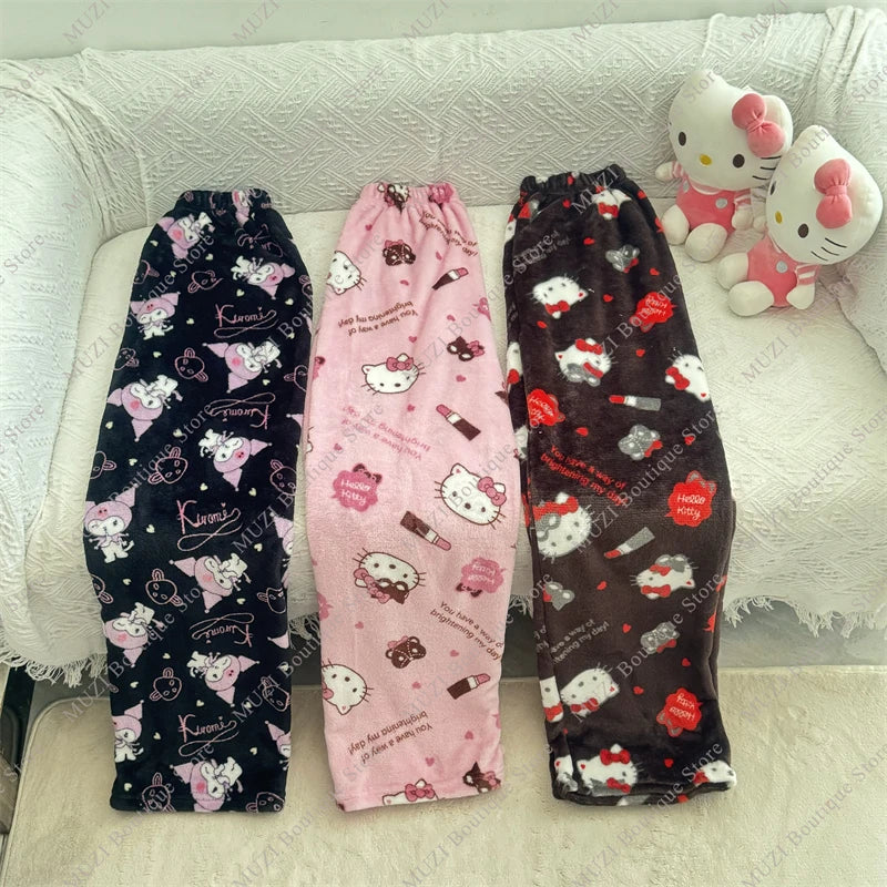 Hello Kitty and Kuromi Coral Velvet Pajama Pants: High-Quality Plush Comfort  petlums.com   