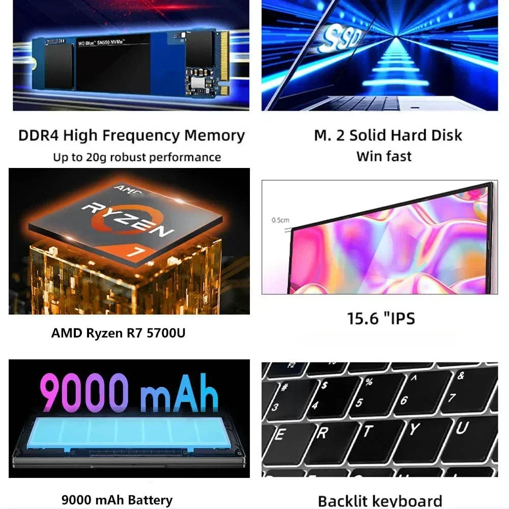 2024 AMD Laptops Gaming Office Business Notebooks Win11 15.6 inch IPS Ryzen7 5700U 8 Cores 32GB DDR4 2TB PCIE 9000mAh  PetLums.com   