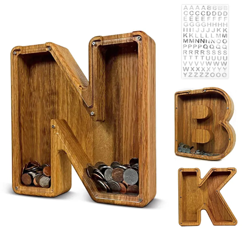 Twenty-six English Alphabet Moneybox Coin Money Piggy Bank Wooden Letter Saving Box Desktop Ornament Home Decor Crafts For Kids  petlums.com   