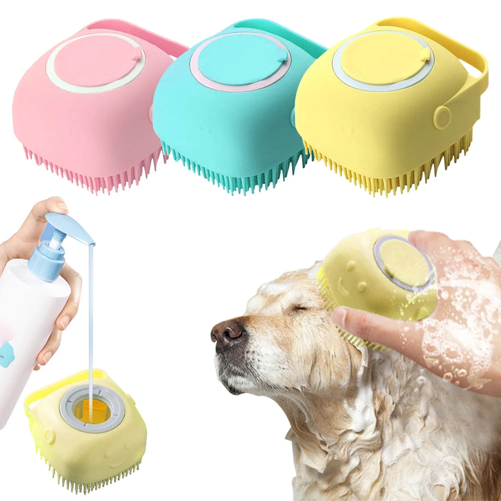 Silicone Dog Brush Shampoo Massager Bath Grooming Tool & Dispenser  petlums.com   