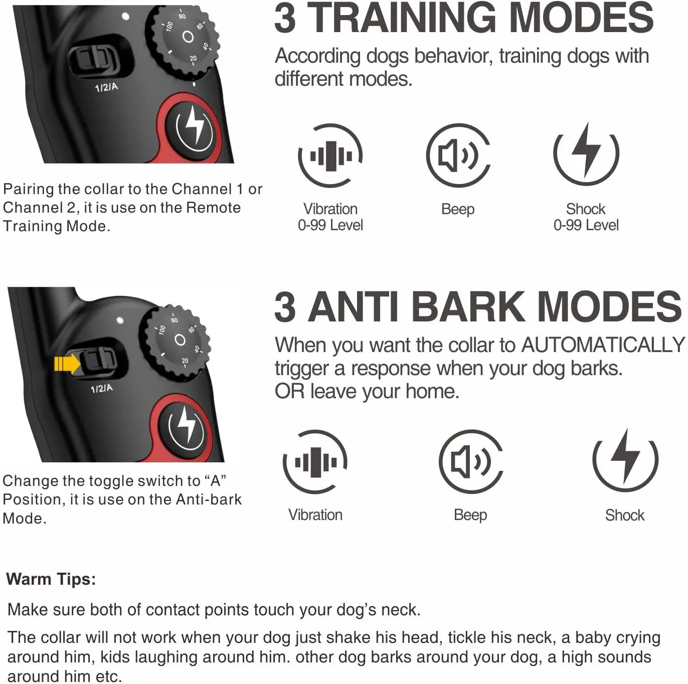 Dog Training Collar Remote Control Electric Shock Automatic Anti-Bark Collar w/3 Training Modes Beep Vibration Shock Waterproof  petlums.com   