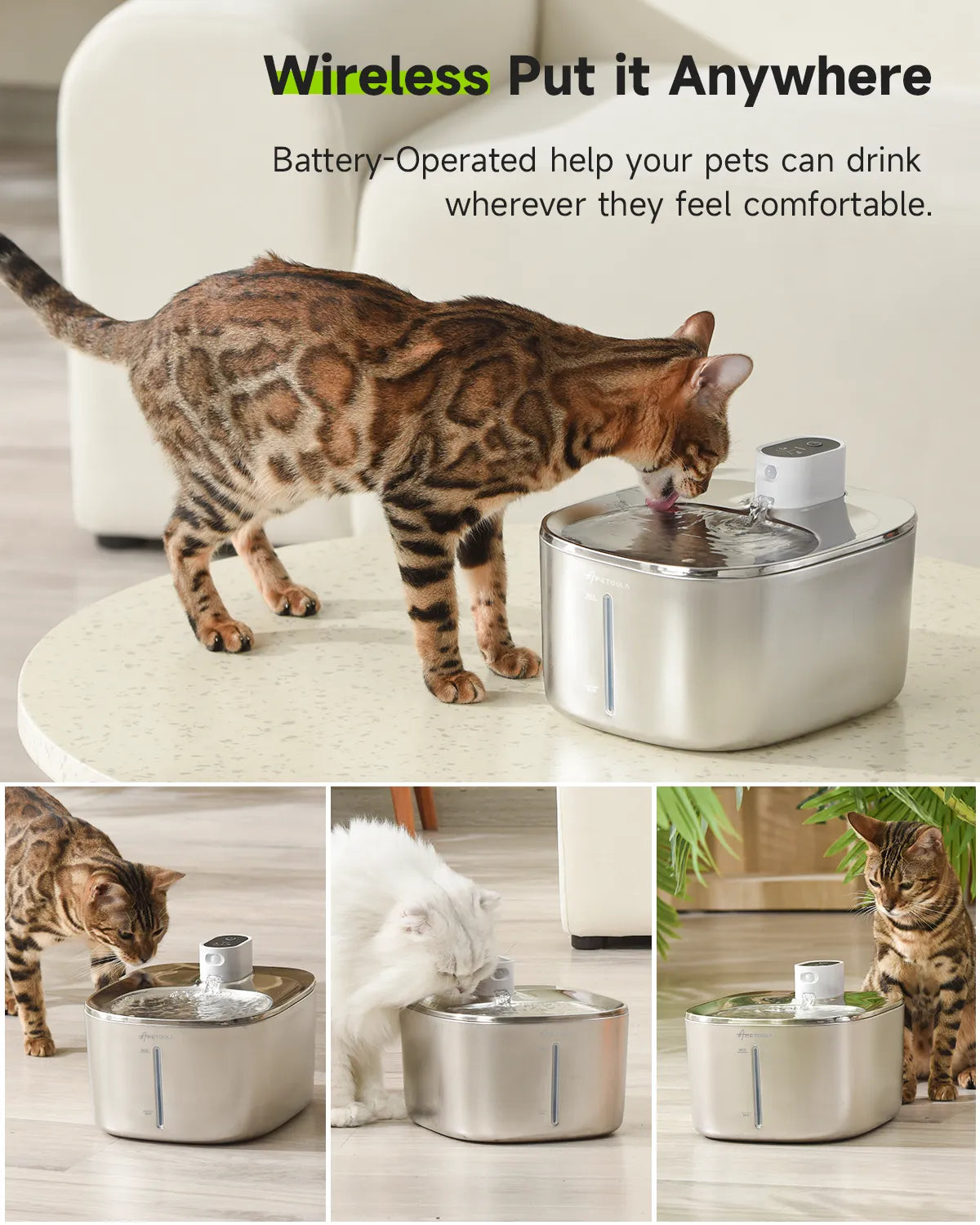 Wireless Cat Water Fountain with Motion Sensor: Convenient, Stainless Steel, Rechargeable, Quiet Operation - Hydration for Pets.  petlums.com   