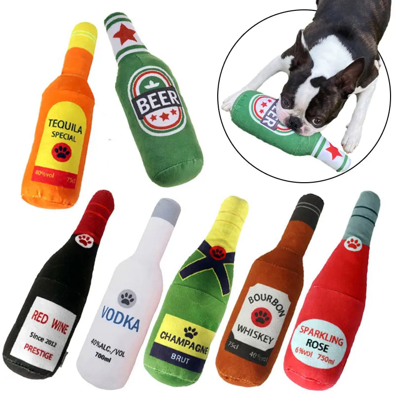 Dog Champagne Wine Bottle Plush Toy - Squeaky Bite-Resistant Pet Whisky  petlums.com   
