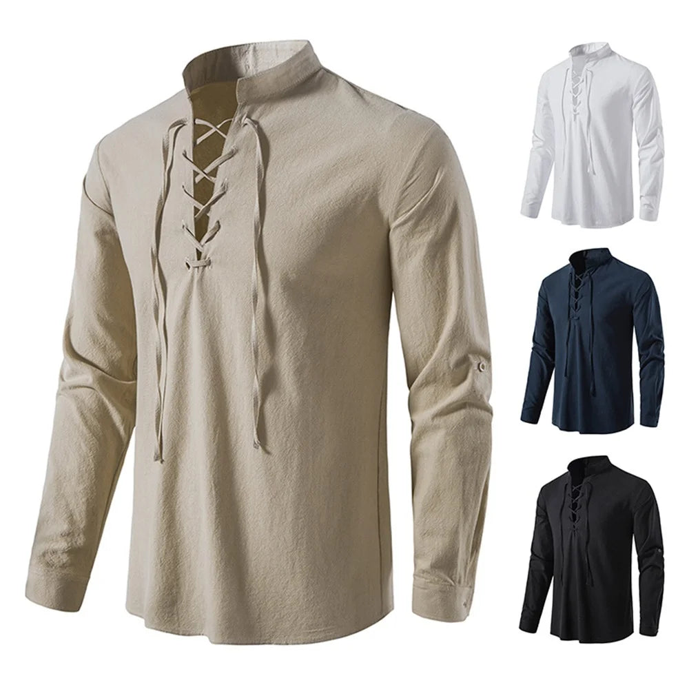 2023 Men's Vintage Cotton Linen Casual Shirt: Stylish Long Sleeve Tee  PetLums.com   