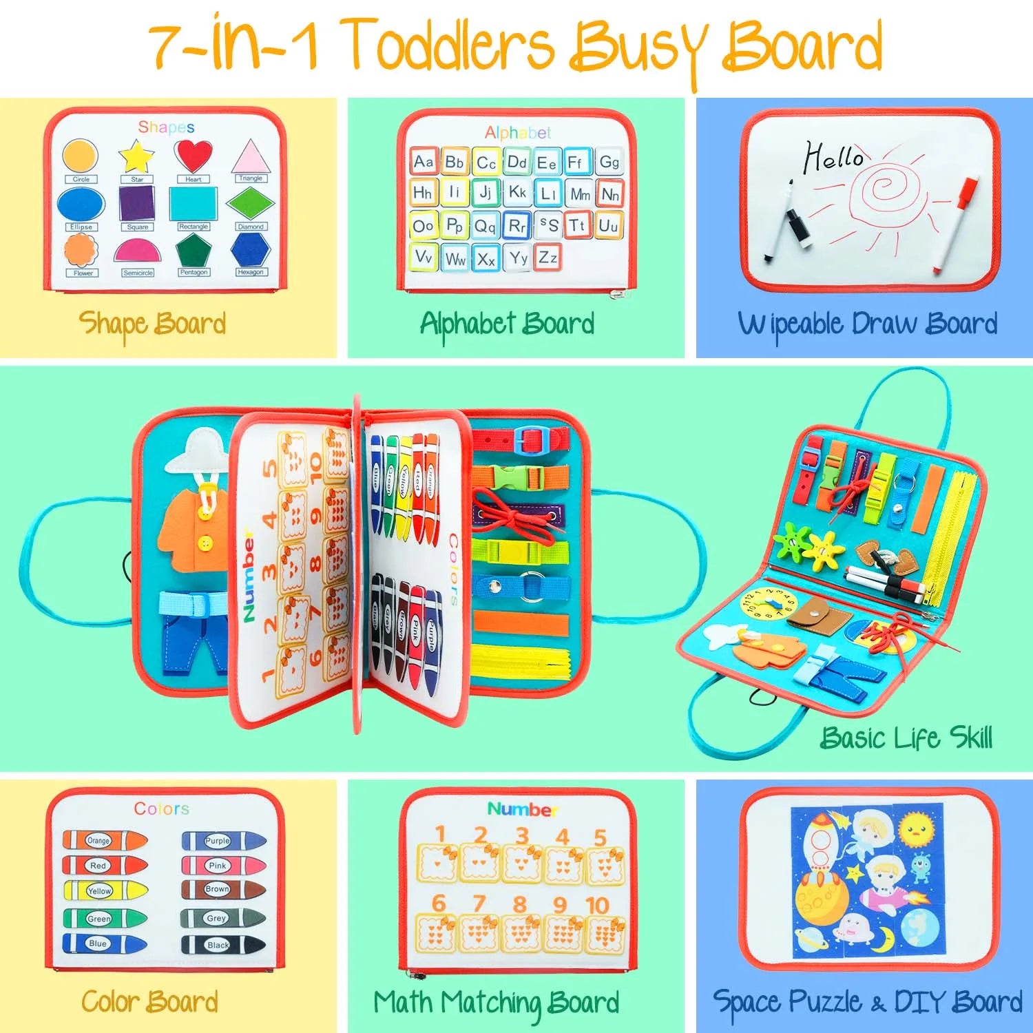 Montessori Toddler Busy Board: Sensory Educational Travel Toy  petlums.com   