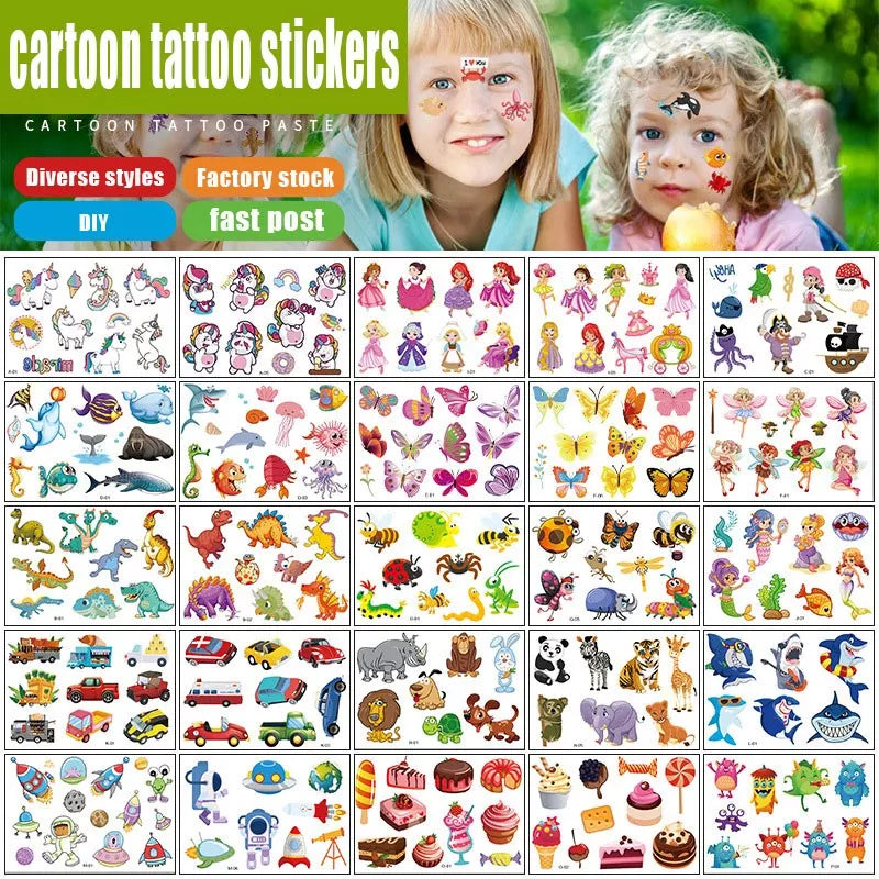 12 Pack Cartoon Temporary Tattoos Kids DIY Body Art Collection  petlums.com   