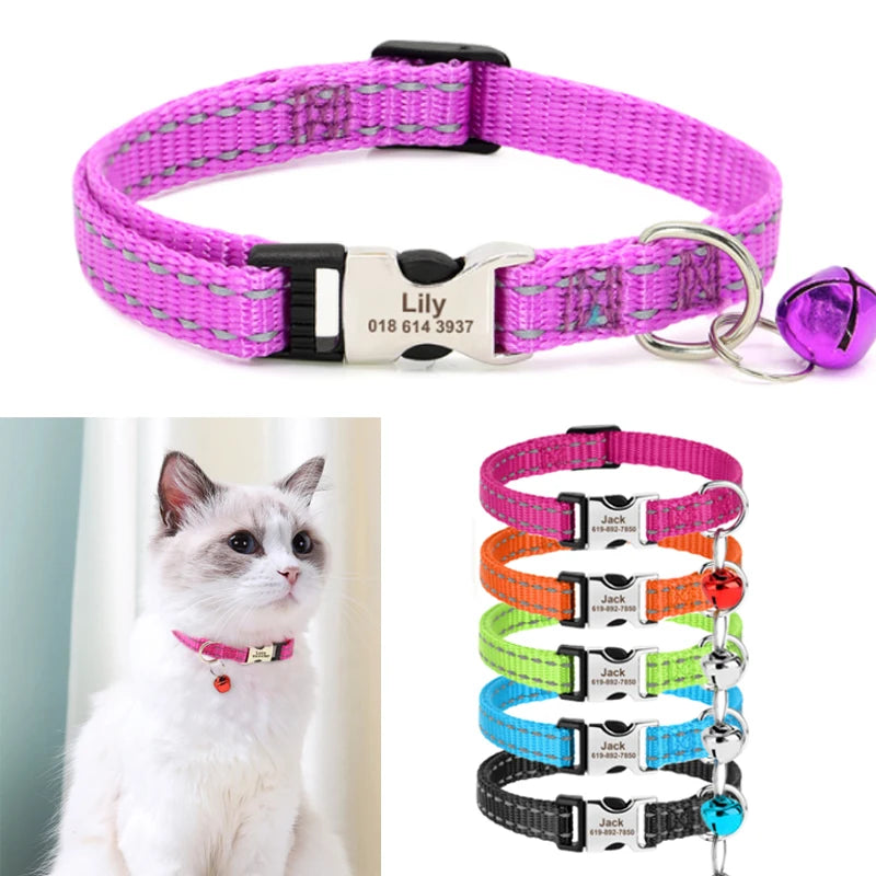 Custom Engraved Reflective Cat Collar with Bell - Personalized Pet Necklace  petlums.com   