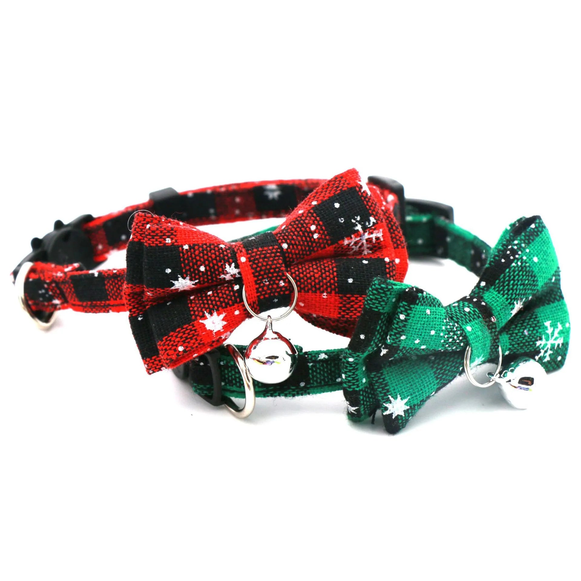 Christmas Cat Dog Collar with Bowknot Bell Plaid Snowflake Breakaway Necklace  petlums.com   