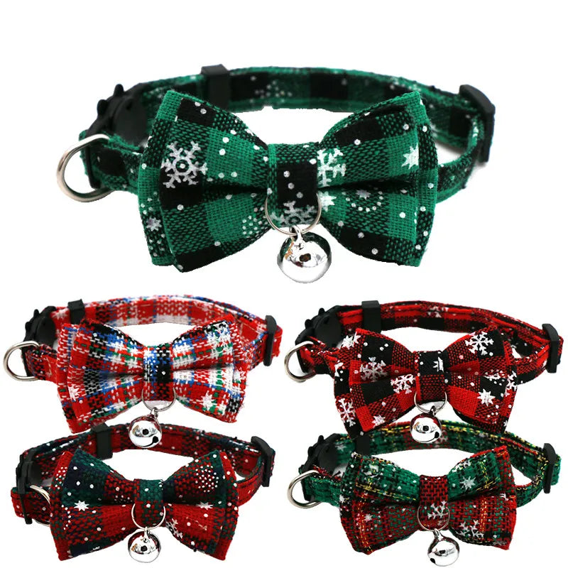 Christmas Cat Dog Collar with Bowknot Bell Plaid Snowflake Breakaway Necklace  petlums.com   