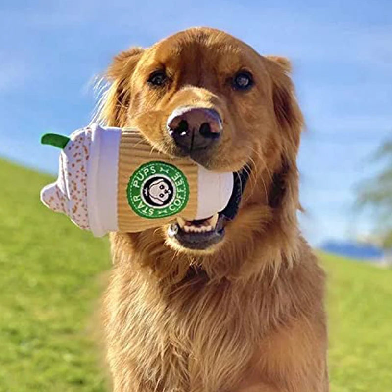 Plush Chew Squeaky Coffee Cup Dog Toy for Interactive Play  petlums.com   