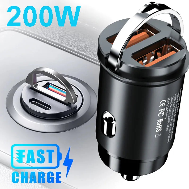 200W Mini Fast Car Charger for iPhone Samsung Huawei: Quick Charge PD USB Type C  petlums.com   