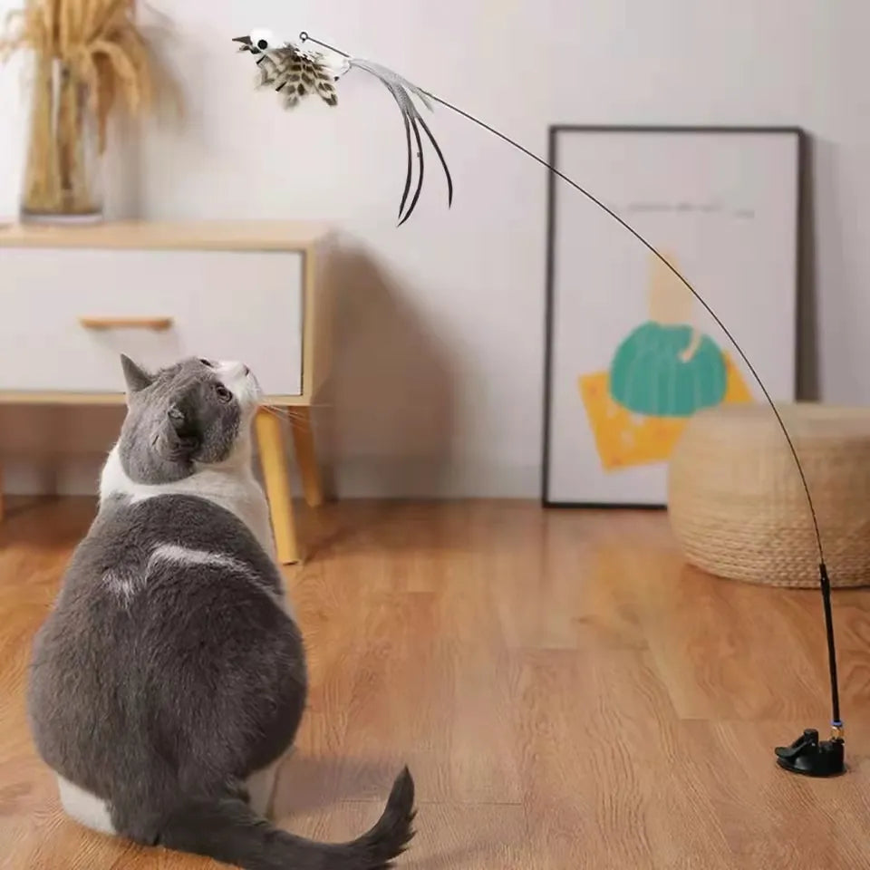 Interactive Cat Stick Toy: Premium Quality Feather Bird with Sucker Bell  petlums.com   