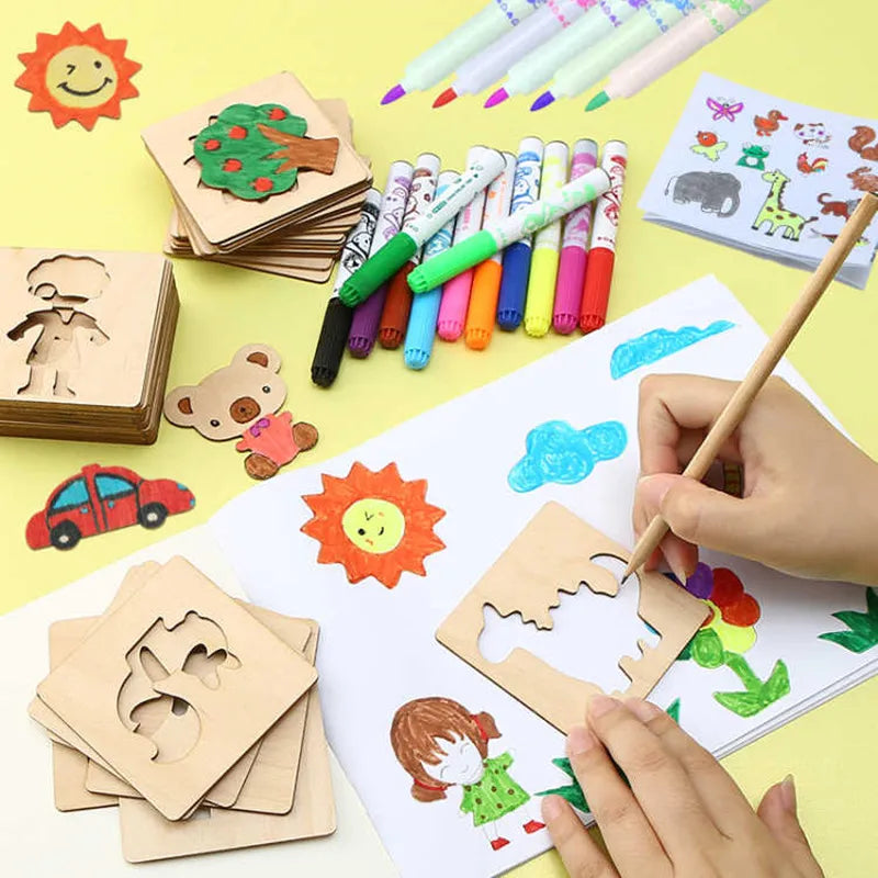 Montessori Kids Wooden Painting Stencils Set: Creative Educational Toy for Children  petlums.com   