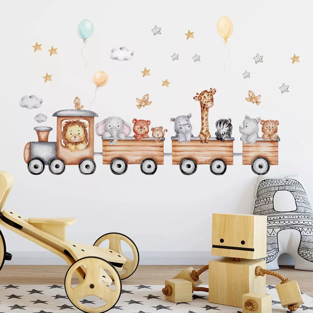 Whimsical Nordic Animals Wall Decals: Kids Room Decoration Giraffe Elephant Train Birds Star  petlums.com   