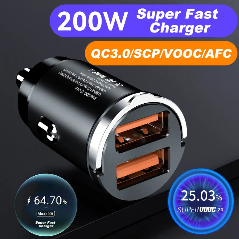 200W Mini Fast Car Charger for iPhone Samsung Huawei: Quick Charge PD USB Type C  petlums.com   
