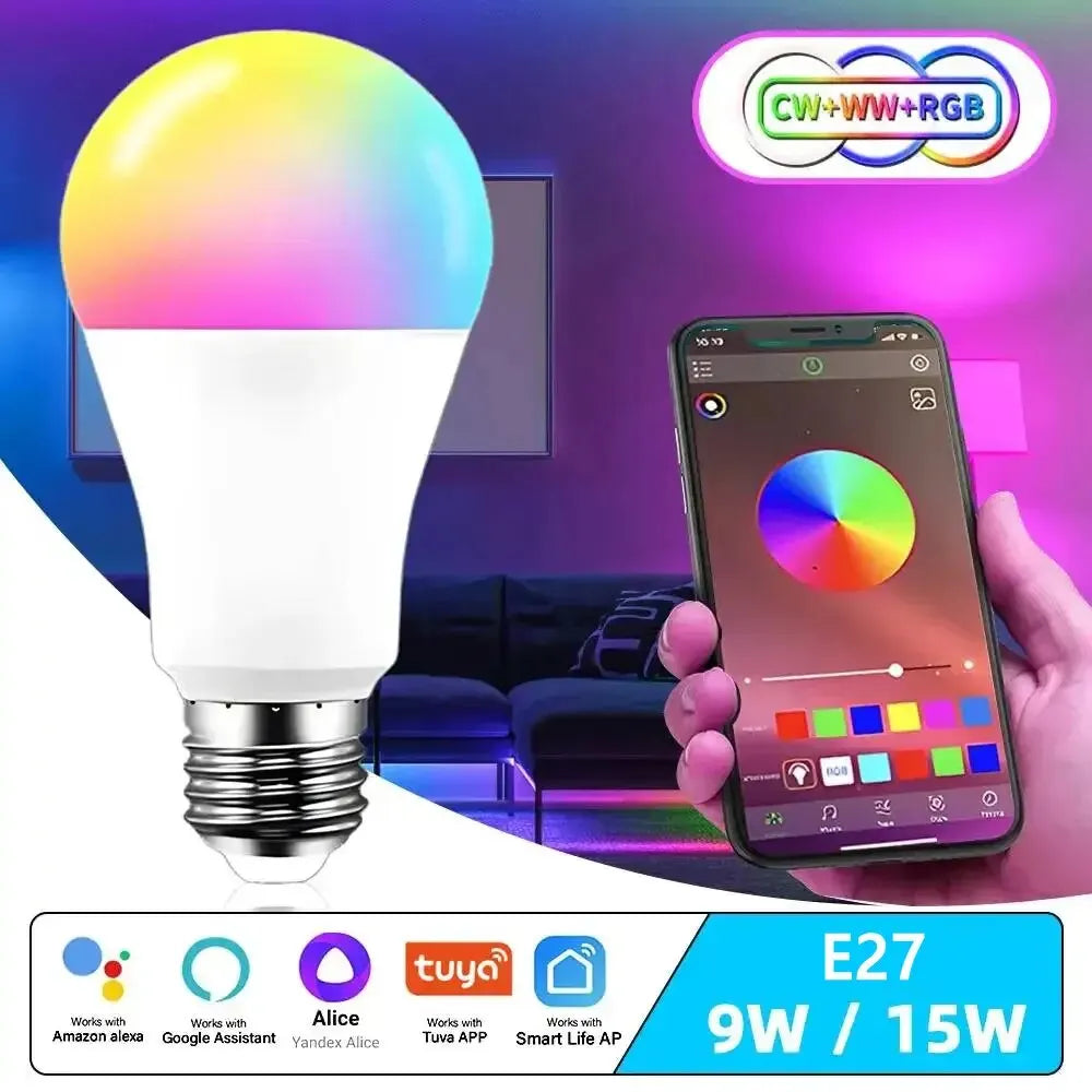 Tuya WiFi E27 B22 Smart Dimmable Bulb RGBCW 100-240V 15W LED Light Smart Life App Control Support Alexa Google Home Alice  petlums.com   