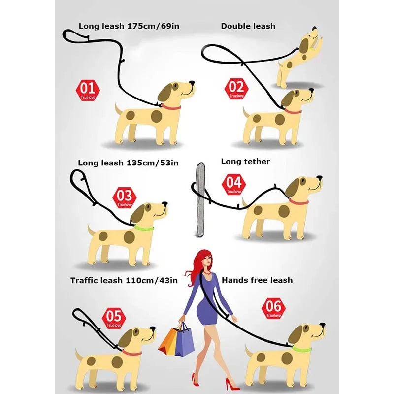 Truelove 7 In 1 Multi-Function Adjustable Dog Lead Hand Free Pet Training Leash Reflective Multi-Purpose Dog Leash Walk 2 Dogs  petlums.com   