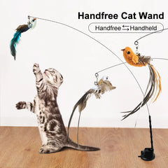 Handfree Cat Wand with Bell & Feather Toy for Interactive Play