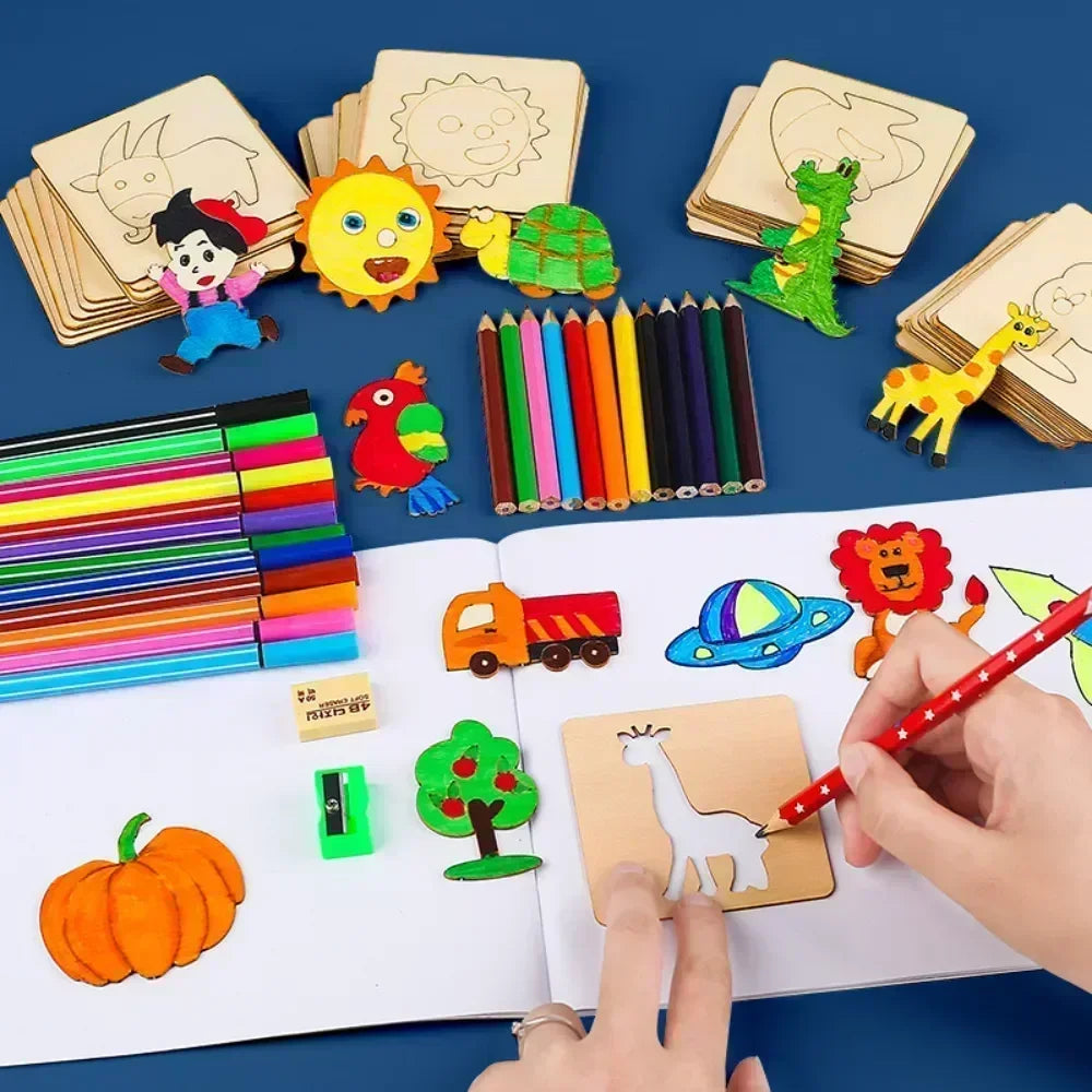 Montessori Kids Wooden Painting Stencils Educational Toy Set  petlums.com   